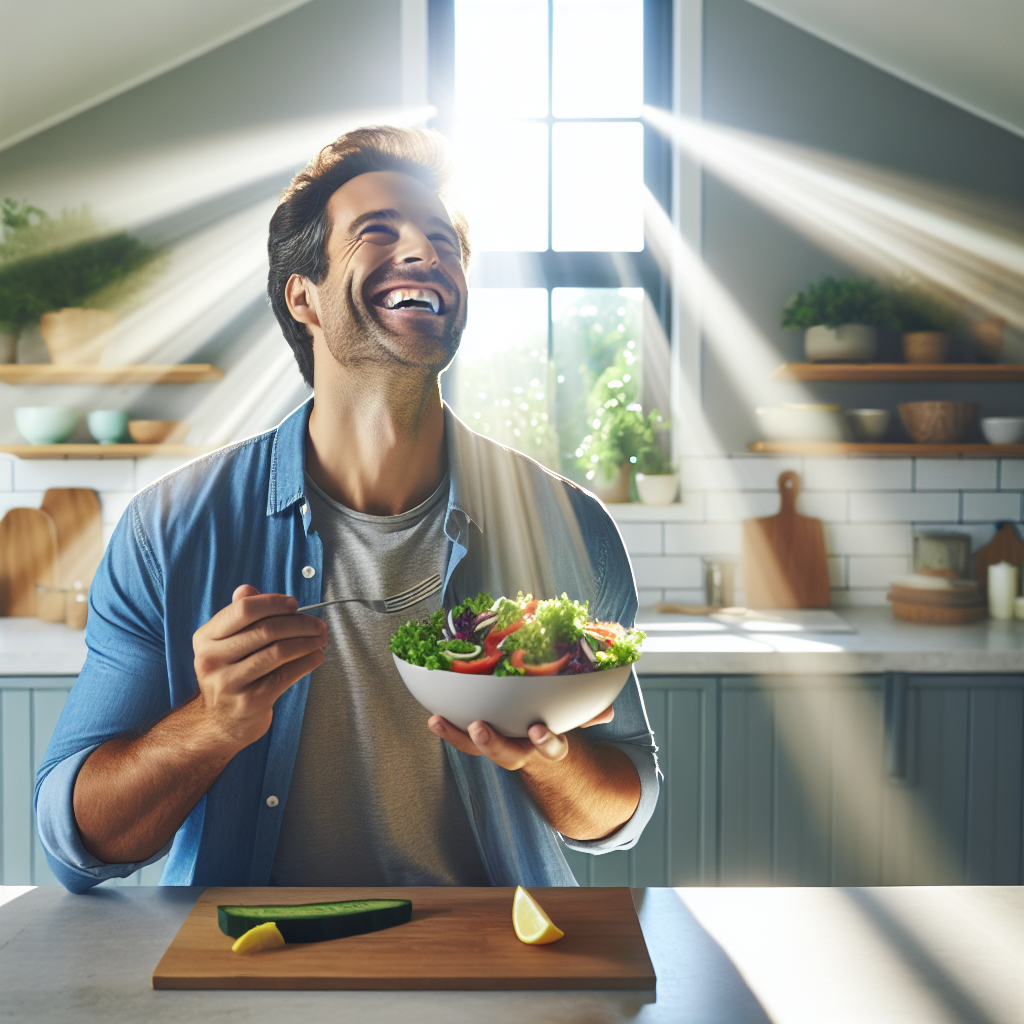 A happy, healthy person smiling contentedly while mindfully enjoying a colorful and fresh meal (like a salad or fruit bowl) in a bright, modern home kitchen. Sunlight streams through a window, illuminating a relaxed and positive atmosphere, embodying a sustainable and effortless approach to wellness without strict dieting. The scene should convey everyday health and well-being.
