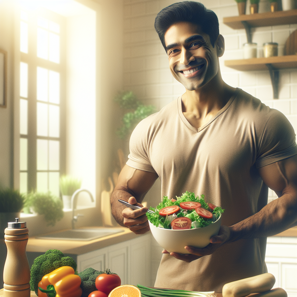 A visibly content and healthy person is smiling while preparing or enjoying a vibrant, fresh salad or fruit bowl in a bright, modern kitchen. There are no sports items, gym equipment, or visible signs of strenuous exercise in the scene, emphasizing a focus on diet and well-being. The atmosphere is calm and inviting, with soft, natural lighting, in a realistic photo style.