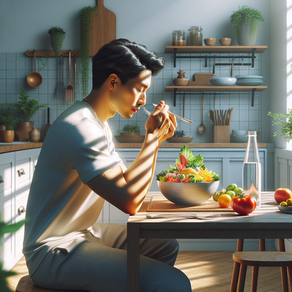 A person is calmly and contentedly enjoying a vibrant, healthy meal (e.g., a colorful salad with fresh ingredients, a balanced Buddha bowl) at a bright, sunlit kitchen table. A prominent glass of water is next to the plate. The scene conveys a sense of mindful eating, sustainable well-being, and gentle satisfaction, rather than restriction. Soft, natural lighting, realistic style.