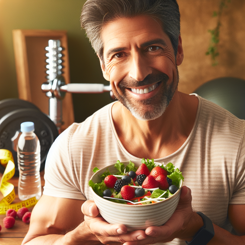 Eine Person mittleren Alters mit einem gesunden, strahlenden Ausdruck, die lächelnd eine Schale mit frischem Salat und Beeren hält. Im Hintergrund, leicht unscharf, sind Elemente wie Hanteln oder ein Fitnessband und eine Flasche Wasser zu sehen. Der Fokus liegt auf Wohlbefinden und gesunder Ernährung. Warme, einladende Beleuchtung, realistische Fotografie.