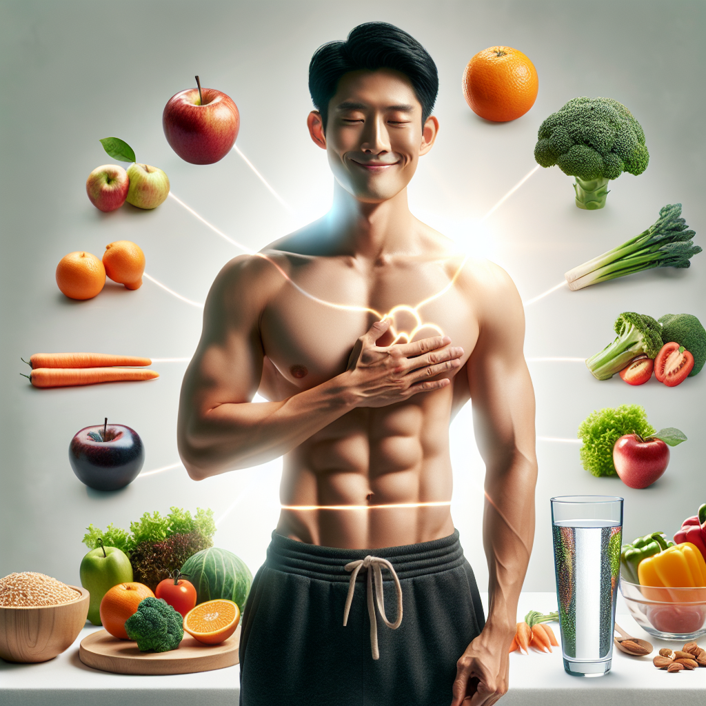 A person with a visibly toned, healthy abdomen, gently smiling, surrounded by a subtle blend of elements representing a balanced lifestyle: vibrant fresh fruits and vegetables, a glass of water, and a hint of a serene environment suggesting movement or mindfulness. The overall image emphasizes holistic well-being and health rather than extreme fitness or just muscle definition. Realistic, soft lighting.