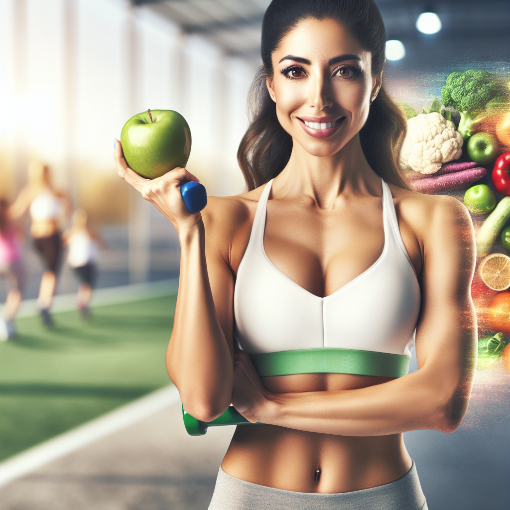 A vibrant, positive image of a diverse person with a healthy, energetic build, smiling confidently. They are holding a fresh green apple in one hand and a small hand weight (dumbbell) in the other. In the background, there's a soft blur of healthy foods like colorful vegetables and a water bottle on one side, subtly blending into hints of a bright, active outdoor environment (like a park path or a gym) on the other. The overall mood is empowering, optimistic, and focuses on holistic well-being and a balanced approach to fitness and healthy living. Bright, natural lighting.