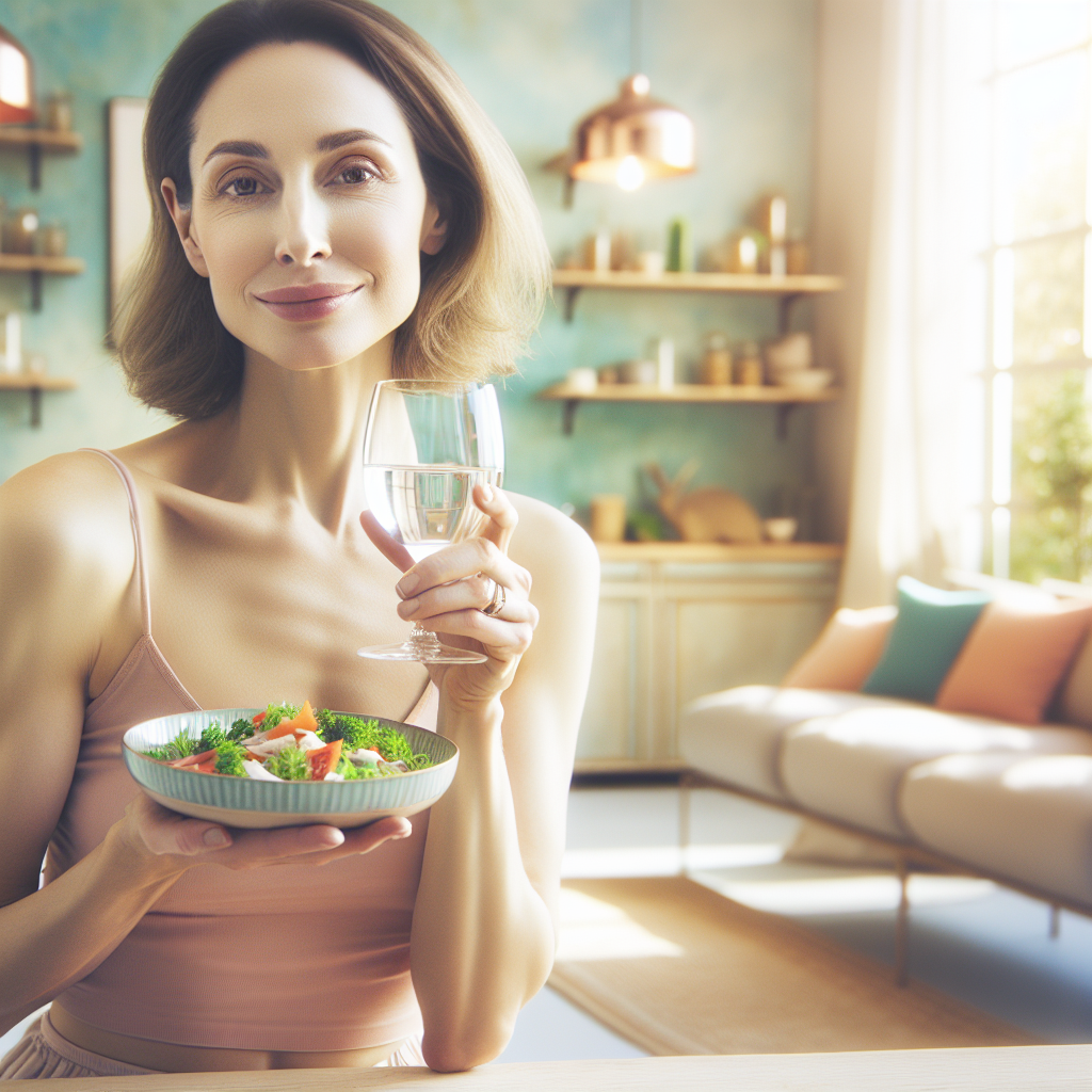 A person (gender-neutral) with a healthy, content expression, perhaps subtly looking lighter, is depicted in a bright, modern kitchen or home setting. They are mindfully enjoying a simple, balanced meal (e.g., a colorful salad with lean protein on a small plate) or a refreshing glass of water. There are no sports or exercise elements visible. The atmosphere is calm, clean, and inviting, emphasizing mindful eating and everyday well-being as a path to weight loss without strenuous activity. Realistic photo, soft natural light.