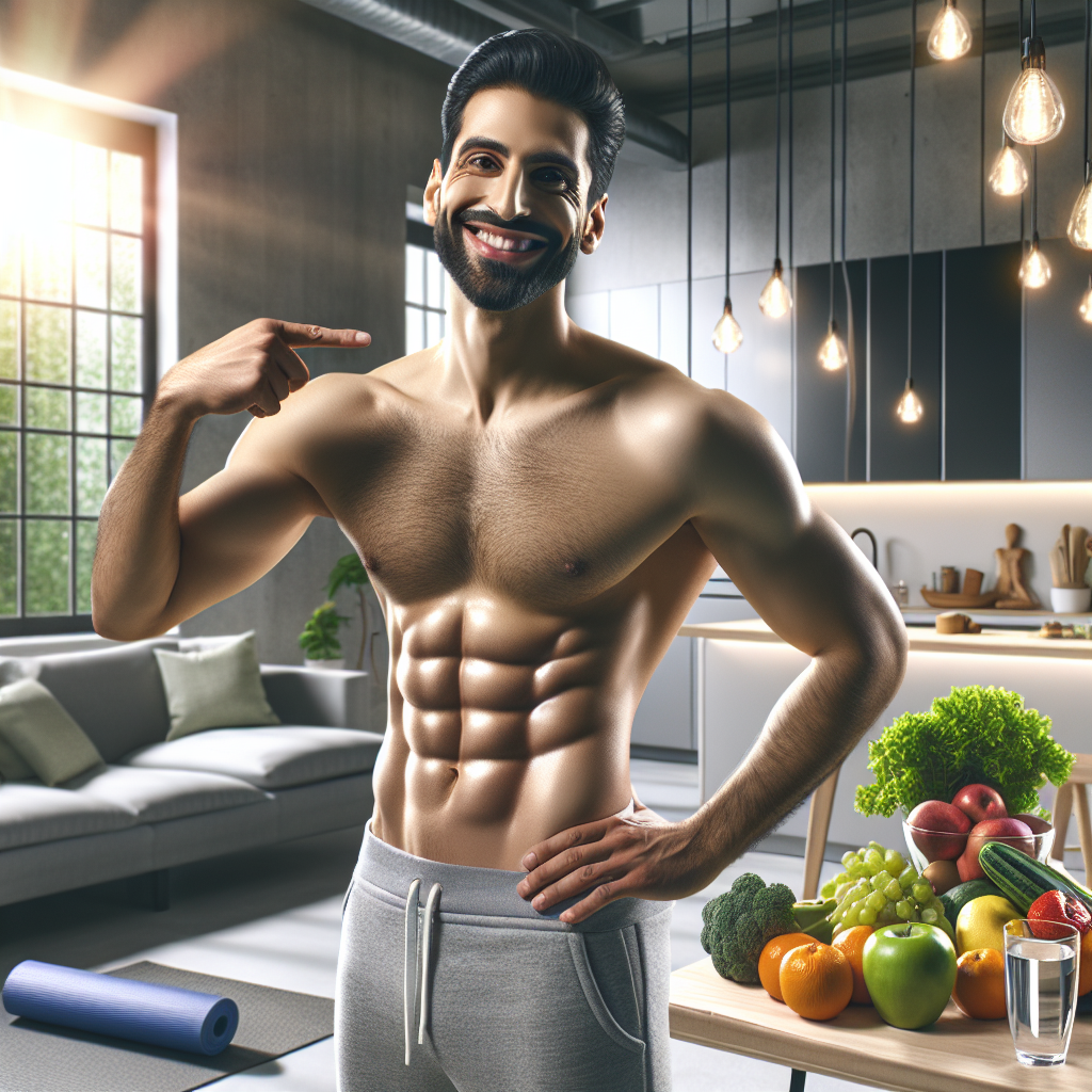A confident and fit person, subtly showing a toned stomach, stands in a bright, modern setting that blends elements of a healthy kitchen (fresh fruits, vegetables, a glass of water) and a light exercise area (a yoga mat or small weights). The person is smiling, radiating health, energy, and well-being, conveying the success of a healthy lifestyle for belly fat reduction. The image should be inspiring, clean, and photorealistic, with a focus on vitality.