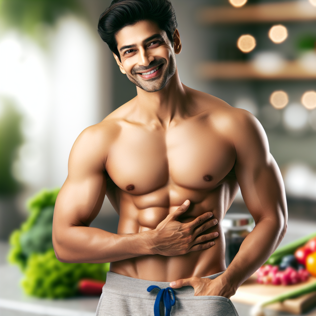 A radiant and fit person, smiling confidently, gently touching their flat stomach. In the soft-focus background, there are hints of fresh, colorful vegetables and light exercise equipment, symbolizing a healthy lifestyle and the journey to a lean physique. The overall mood is positive and encouraging. Realistic photo, studio lighting, natural colors, shallow depth of field.