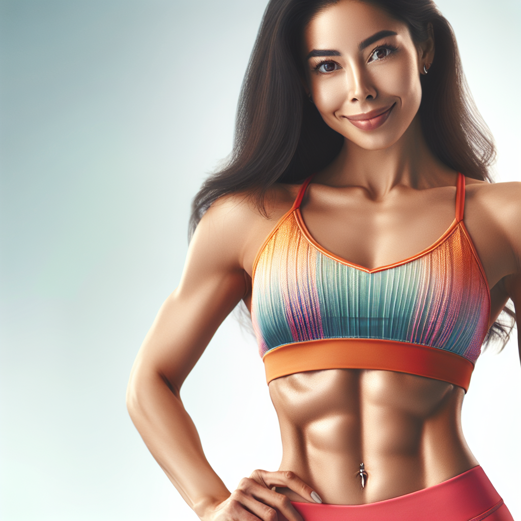 A confident, healthy-looking person (male or female) in activewear, smiling gently and looking well-toned, with a subtle emphasis on a flat, strong midsection. They might be in a bright, clean environment, perhaps suggesting a post-workout glow or a healthy lifestyle. The overall mood is positive, energetic, and inspiring, emphasizing well-being and achievement. Digital art, clean lines, bright colors.