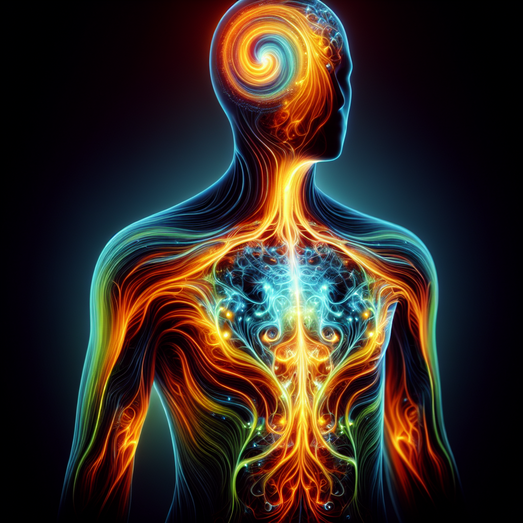 A vibrant, dynamic, and abstract illustration of a human silhouette with internal glowing lines and swirling energy patterns, symbolizing a fast and healthy metabolism. The energy radiates outwards in bright, warm colors like electric blue, vibrant green, and fiery orange. The style should be modern, clean, and futuristic, evoking a sense of vitality and well-being. No specific gender or facial features, focus on the energetic flow within the body.