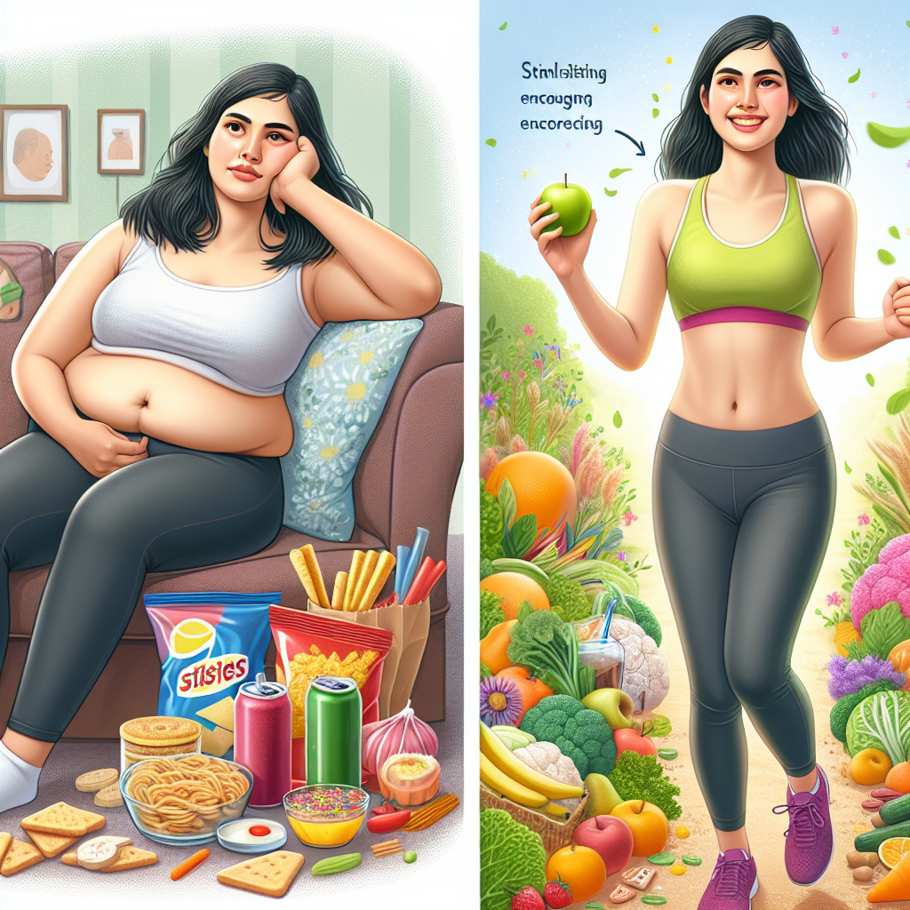 A dynamic and inspiring illustration depicting a clear transformation: on one side, a person looking slightly discouraged, sitting slumped on a couch next to processed snacks and sugary drinks, subtly indicating discomfort from belly fat. On the other side, the same person is energetic, confident, and smiling, jogging outdoors in a bright, green park, holding an apple, with a background featuring a vibrant array of fresh vegetables, fruits, and whole grains. The style is modern, clean, and positive, emphasizing health, active lifestyle, and effective belly fat loss.
