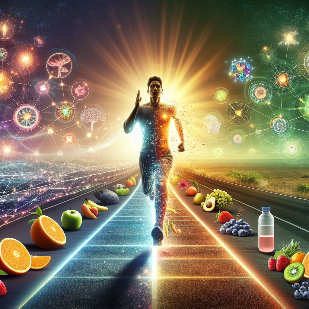 A vibrant and dynamic digital painting depicting a person, full of energy, running on a path. The path itself transforms from a slightly dull, grey start into a bright, sunlit, and colorful track, symbolizing the transition from a sluggish to an active metabolism. Around the person, subtle glowing lines and interconnected gears visually represent the body's internal energy pathways accelerating. Elements like fresh fruits, a water bottle, and a sense of morning freshness are present in the background. The overall mood is motivational, energetic, and signifies improved well-being.
