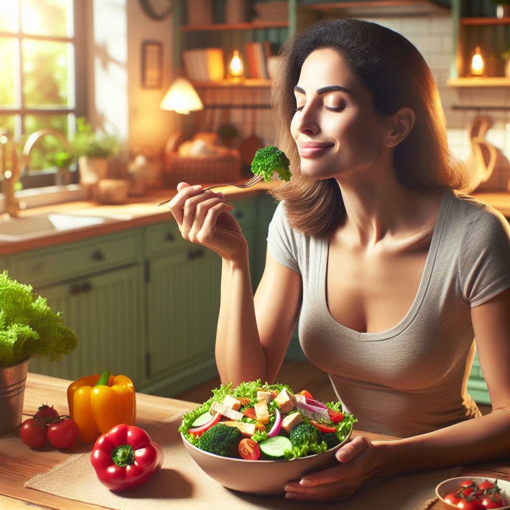 A person, content and relaxed, enjoying a colorful and healthy meal (like a fresh salad with lean protein) at a beautifully set kitchen table in a bright, inviting home environment. The scene emphasizes healthy eating and a peaceful, non-strenuous lifestyle, with no sports or workout equipment visible. Soft, natural lighting, realistic style.