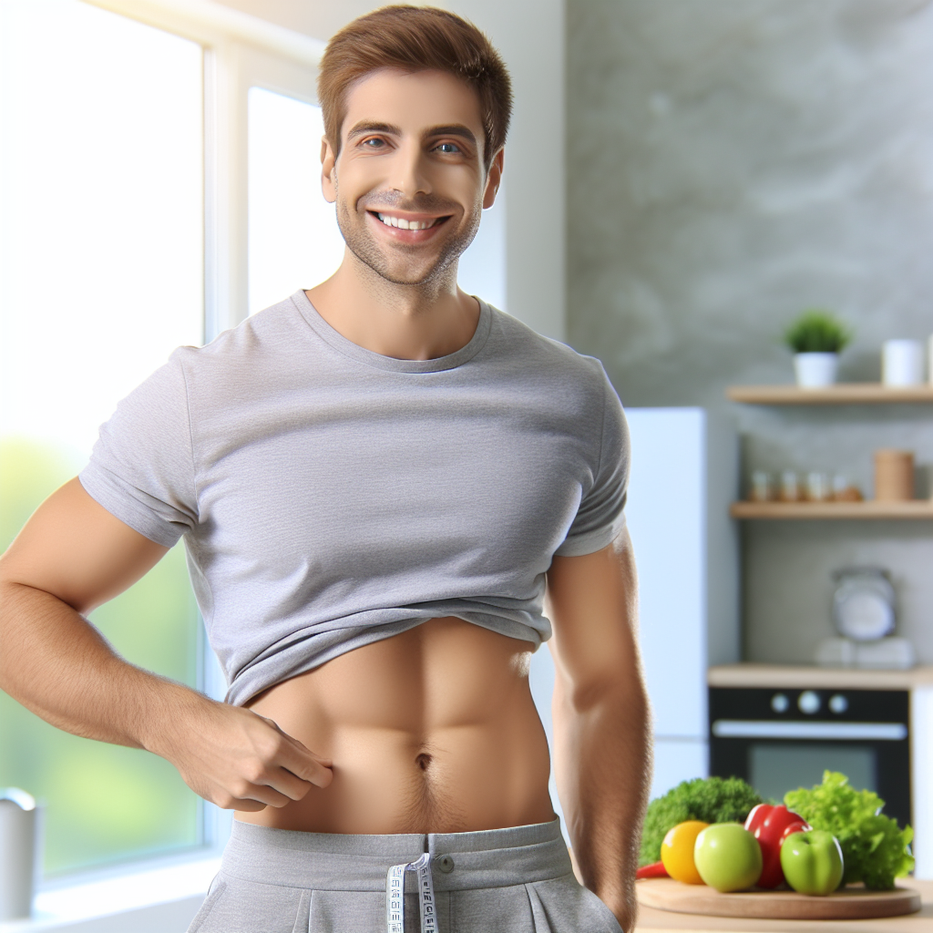 Eine freundliche und gesunde Person (männlich oder weiblich) mit einem spürbar flacheren Bauch, die sich in einer hellen und modernen Umgebung befindet, vielleicht in einer Küche mit gesunden Lebensmitteln oder vor einem Fenster mit Tageslicht. Der Stil ist motivierend und positiv, mit einem Fokus auf Wohlbefinden und die Ergebnisse eines gesunden Lebensstils.