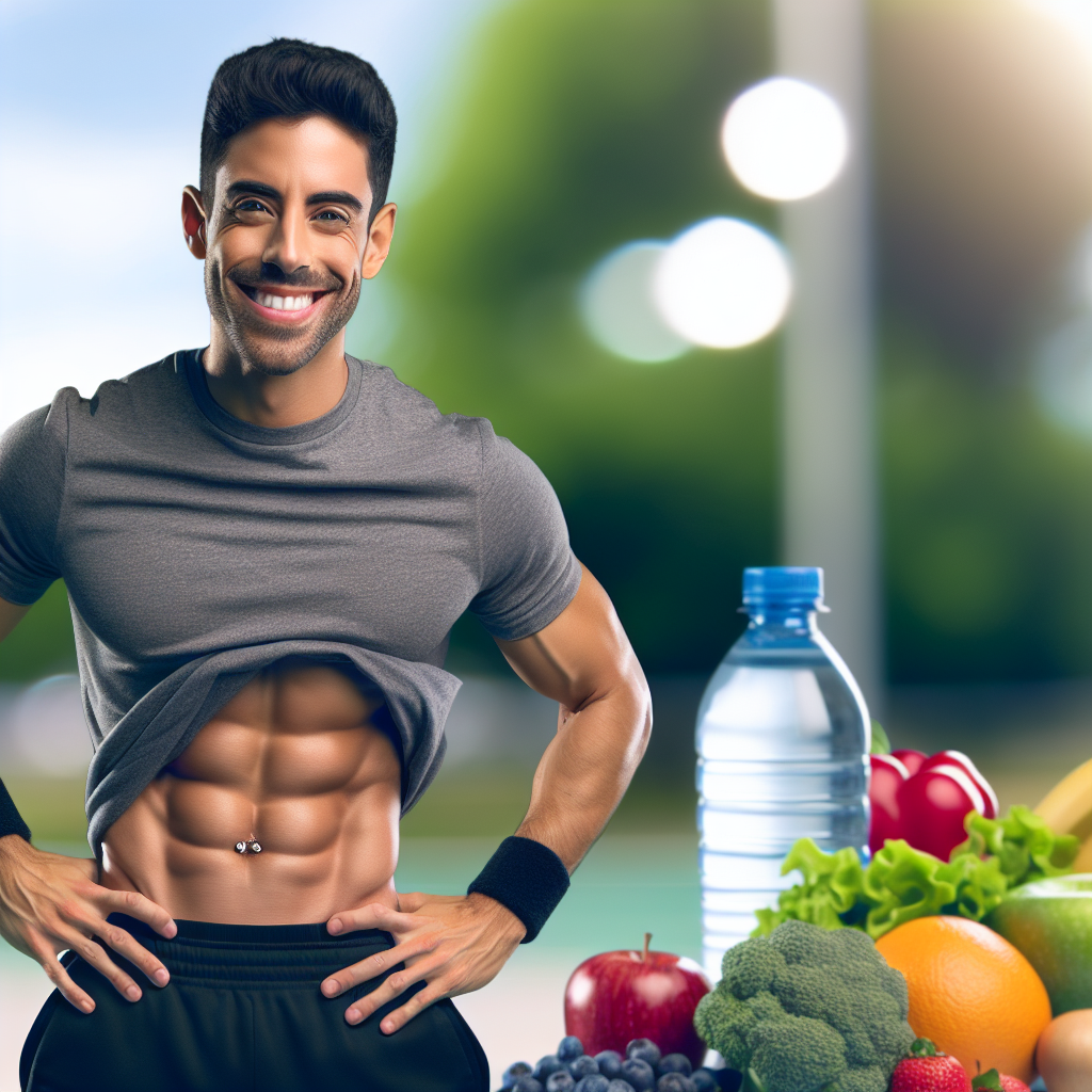 Eine Person mit einem flachen, gesunden Bauch, die selbstbewusst und glücklich in Sportkleidung posiert, vielleicht eine leichte Dehnübung ausführt. Im Hintergrund, sanft verschwommen, sind Elemente einer gesunden Ernährung wie frisches Obst, Gemüse und eine Wasserflasche sowie eine sportliche Umgebung (z.B. ein Fitnessstudio oder ein Park) zu sehen. Das Bild strahlt Positivität, Gesundheit und das Erreichen von Fitnesszielen aus, mit natürlichem Licht und einem motivierenden Ton.