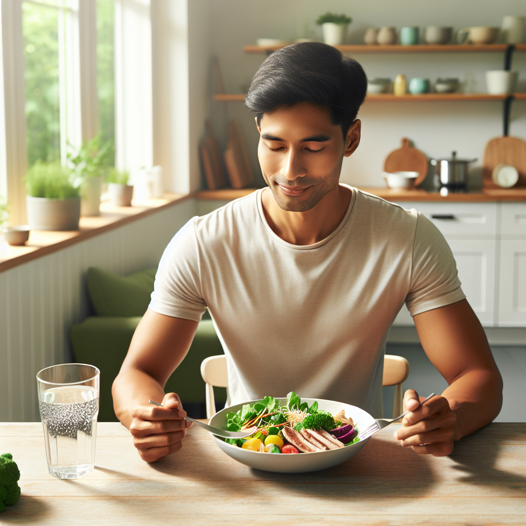 A person (gender-neutral) calmly enjoying a beautifully plated, healthy meal, such as a colorful salad with lean protein, at a bright kitchen table. A glass of water is next to the plate. The atmosphere is relaxed and pleasant, emphasizing mindful eating and ease, with absolutely no workout equipment or signs of physical exertion. High-quality, realistic photography, soft natural lighting.