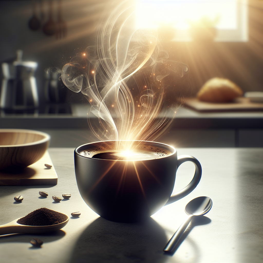 A close-up of a steaming cup of black coffee on a clean, modern kitchen counter, with subtle, warm golden energy lines visibly emanating from the liquid, symbolizing increased metabolism and thermogenesis. In the blurred background, there are hints of a healthy breakfast. The image should convey a sense of energy, health, and a fresh start to the day. Realistic, soft morning light.