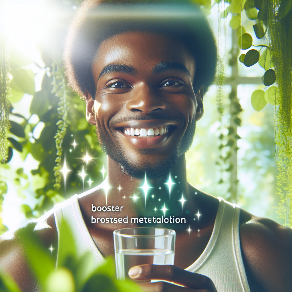 A vibrant and energetic illustration showcasing a person in a bright, natural setting, embodying a naturally boosted metabolism. They are smiling, feeling refreshed and vital, perhaps holding a glass of water or subtly stretching, surrounded by green plants and soft sunlight. The overall aesthetic is clean, modern, and conveys well-being and activity.
