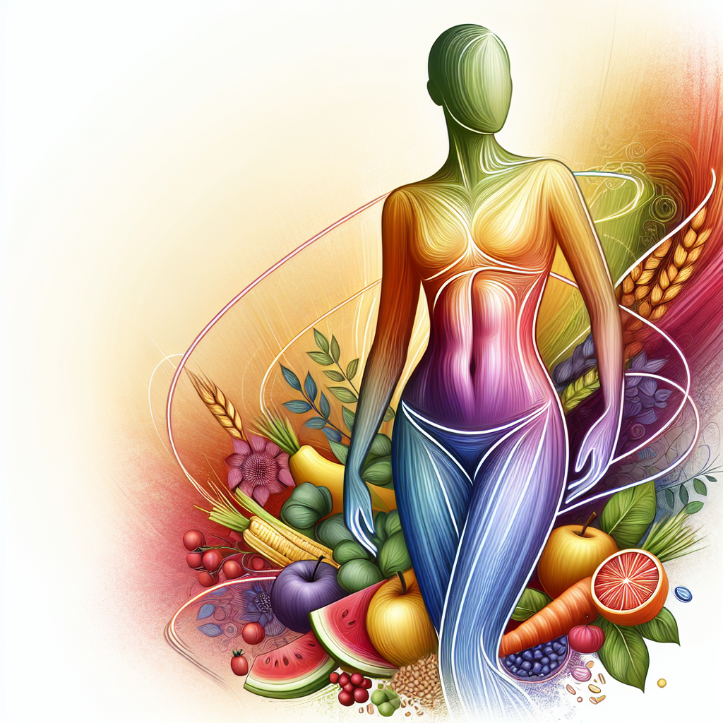 A vibrant, stylized illustration depicting a confident, gender-neutral person with a subtly toned midsection. They are surrounded by an abundance of fresh, colorful fruits, vegetables, and whole grains, suggesting healthy eating. In the background, soft, dynamic lines represent gentle movement or exercise. The overall image exudes a positive, inspiring, and clean aesthetic, emphasizing holistic health and well-being on the journey to a flatter stomach. Digital art with harmonious colors and clean lines.