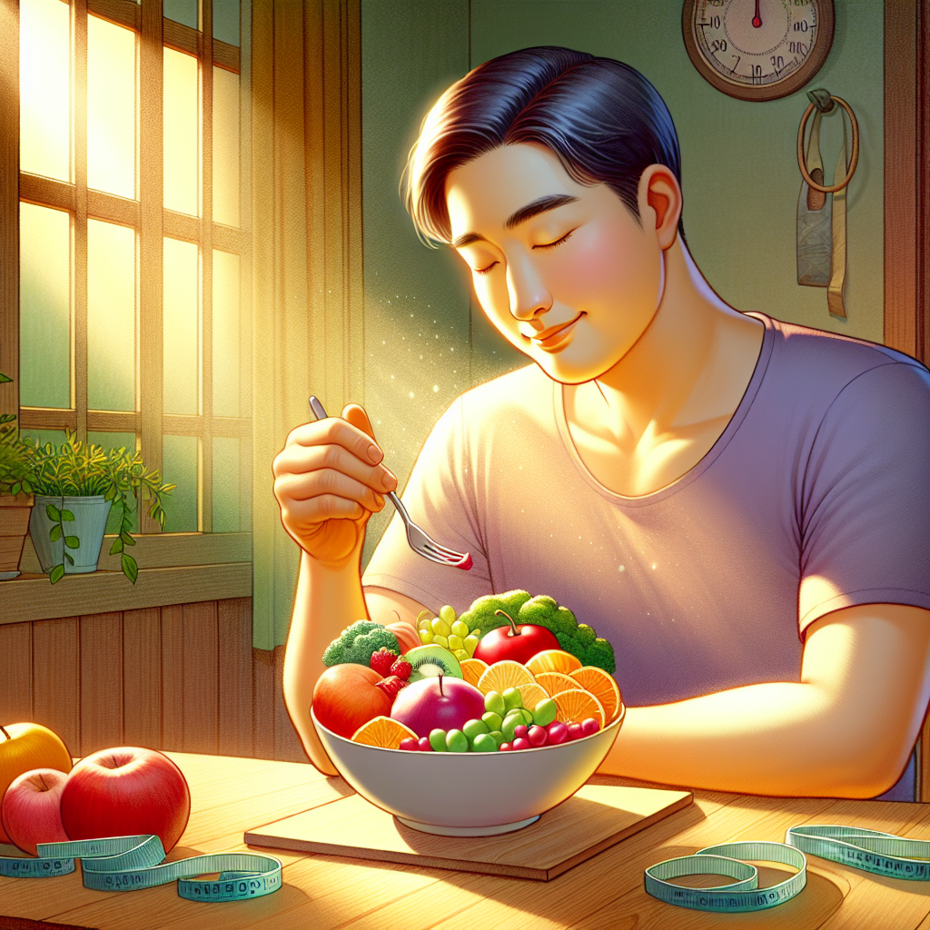 A serene and happy person in a relaxed home setting, gently enjoying a bowl of colorful, fresh food. The focus is on mindful eating and contentment, not struggle or deprivation. There are no scales, measuring tapes, or exercise equipment visible. The lighting is soft and natural, emphasizing a feeling of well-being and ease. The person looks healthy and at peace. Illustration style, warm colors.
