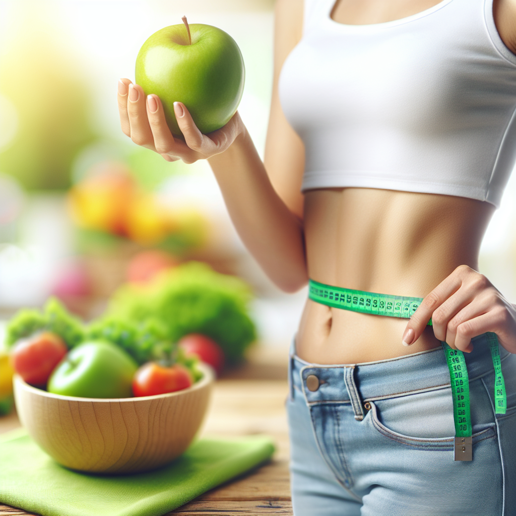 A person with a noticeably flatter stomach, looking confident and healthy, holding a fresh green apple. In the background, there are elements subtly suggesting a healthy lifestyle, such as a blurred bowl of vibrant vegetables and a bright, active outdoor setting. The image should convey a sense of accomplishment, vitality, and effective fat loss.