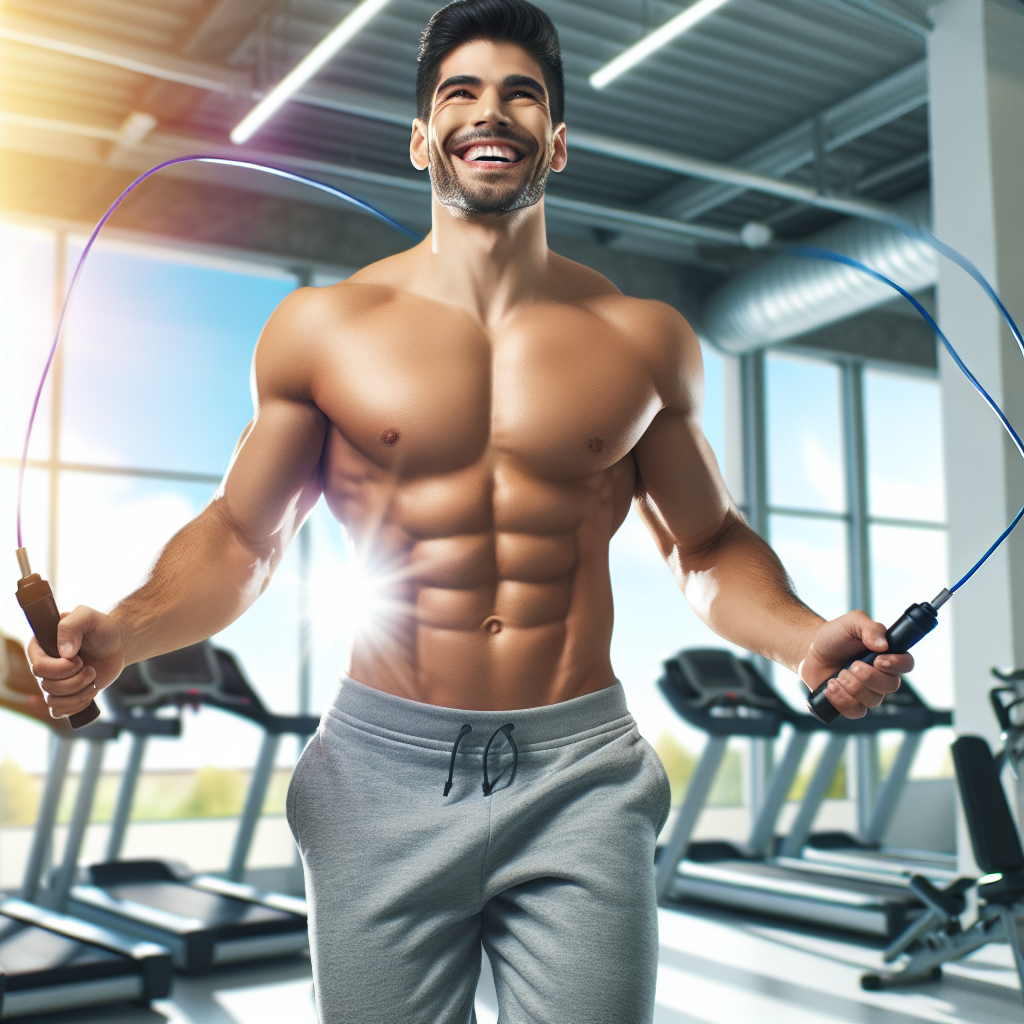 A joyful person with a toned, flat stomach, actively exercising in a bright, modern fitness setting. The image should convey energy, confidence, and successful weight management. Focus on a healthy body image.