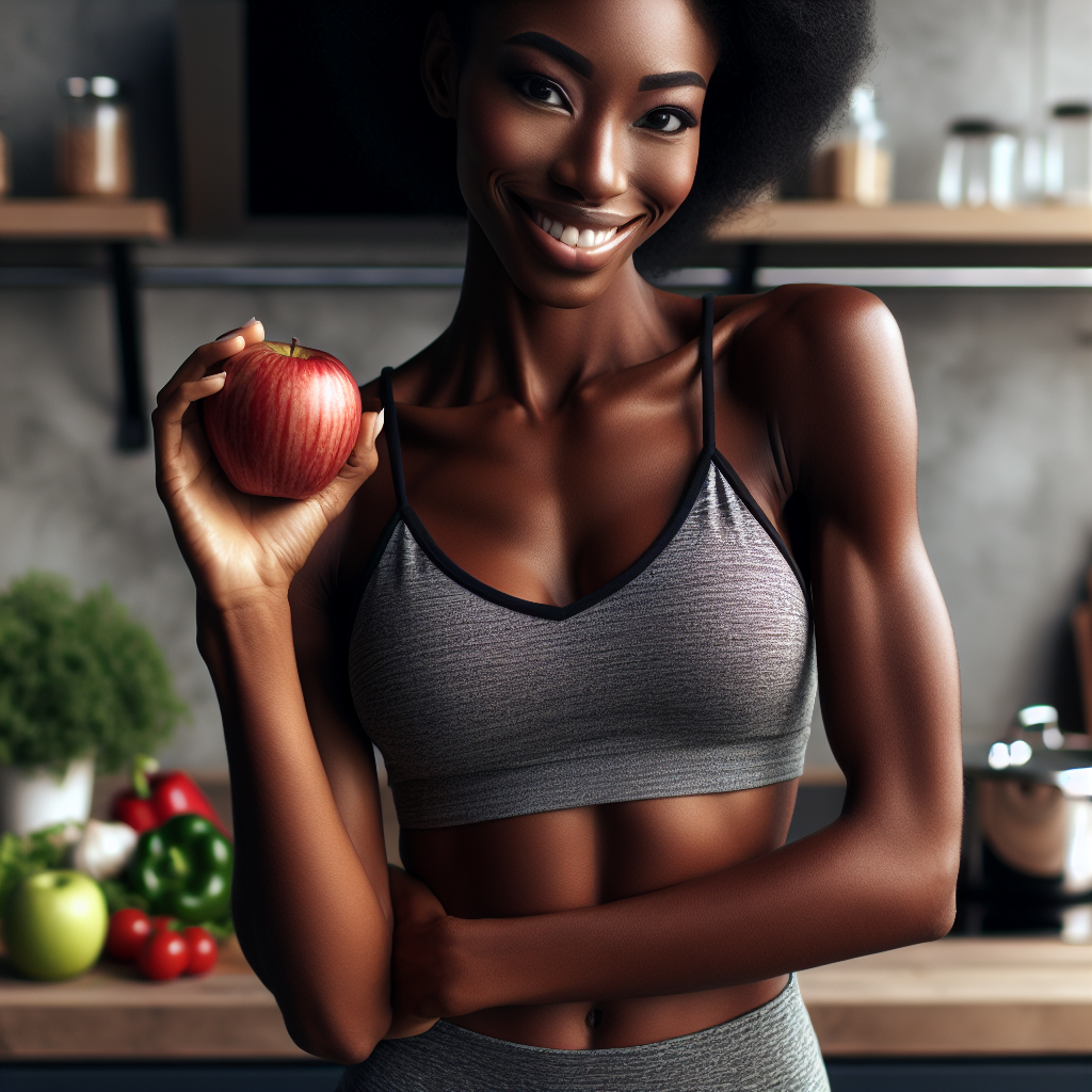 A healthy and confident person, male or female, with a subtly toned midsection, smiling genuinely. They are either holding a fresh, vibrant piece of fruit or performing a gentle, dynamic stretch. The background is clean and bright, perhaps a modern kitchen with healthy ingredients or a serene fitness studio. The overall mood is one of well-being, progress, and achievable fitness goals. Realistic photo, soft natural lighting.