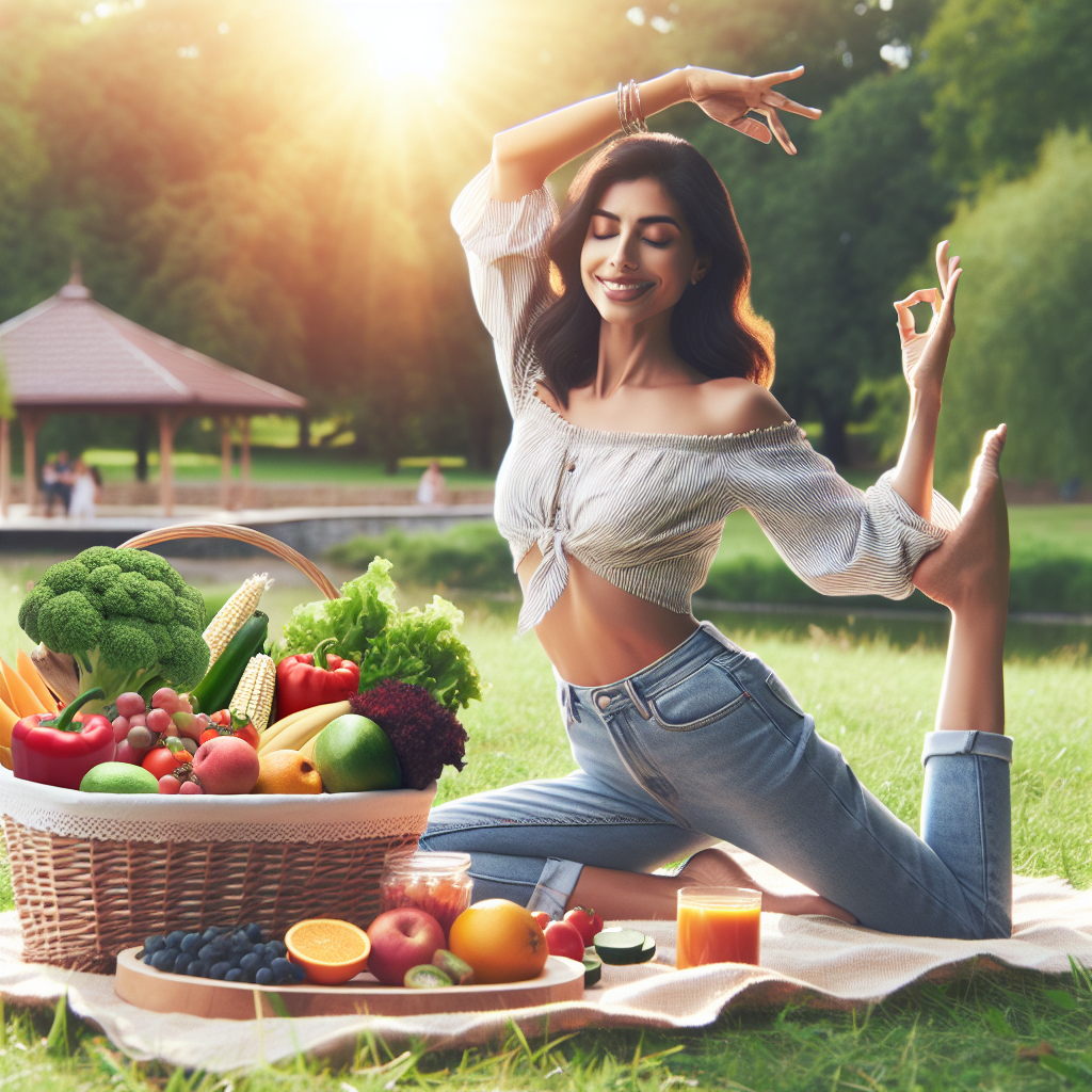 A vibrant, happy person in comfortable, everyday clothing taking a gentle walk or stretching outdoors in a sunlit park. In the background or foreground, subtly integrated, are elements like fresh, colorful fruits and vegetables (e.g., in a rustic basket or on a picnic blanket), conveying a feeling of sustainable well-being, mindful eating, and an active lifestyle without strict diets. The overall mood is optimistic, light, and natural.