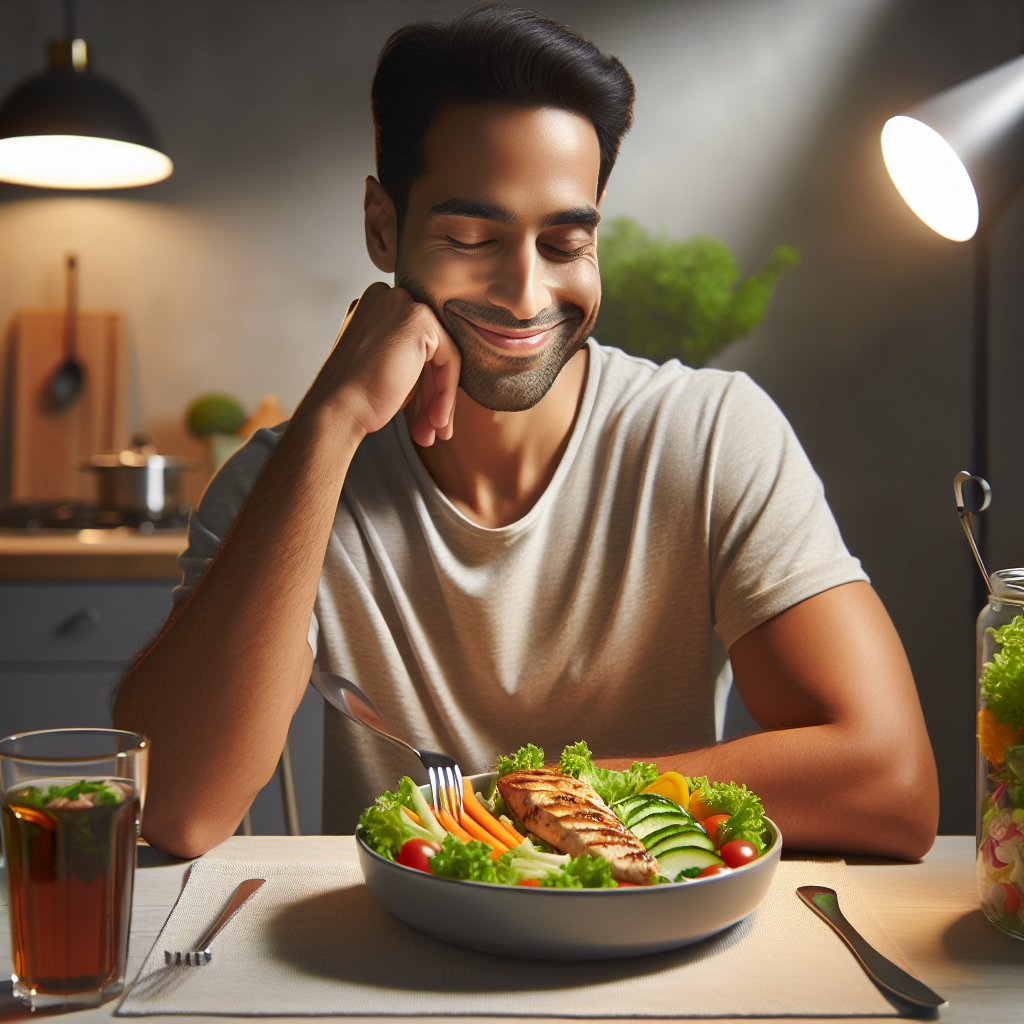 A calm and content person, smiling softly, is enjoying a beautifully plated, healthy meal (e.g., salad with grilled chicken, vibrant vegetables) at a clean, modern kitchen table. The scene emphasizes a relaxed, easy lifestyle, not exercise. The person looks healthy and happy, implying successful weight management through conscious eating habits. Soft, inviting light. Realistic photography style.