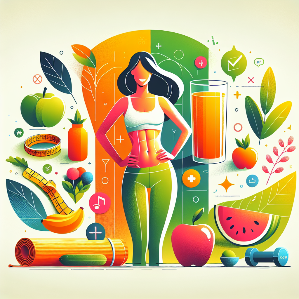 A happy and energetic person, male or female, with a visibly toned and flat abdomen, is depicted in a bright, modern, and clean illustrative style. They are surrounded by a collage of elements symbolizing easy and sustainable healthy habits: fresh, colorful fruits and vegetables, a yoga mat, a glass of water, and a subtle visual cue for stress relief or good sleep (e.g., a serene leaf or soft light). The overall atmosphere conveys ease, positivity, and achievable well-being, representing quick and simple ways to lose belly fat without extreme measures.