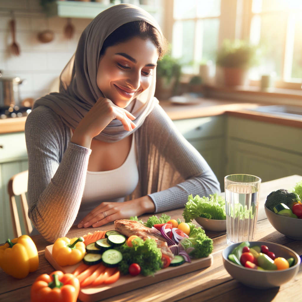 A serene and content person, appearing healthy and light, is enjoying a delicious, colorful, and wholesome meal at a sunlit kitchen table. The table is abundantly set with fresh, vibrant vegetables, lean protein, and a refreshing glass of water. There is no sports equipment or gym setting visible; the image entirely focuses on conscious eating and a relaxed, healthy lifestyle, subtly implying successful weight loss without exercise. The atmosphere is peaceful and encouraging, with soft, natural lighting.