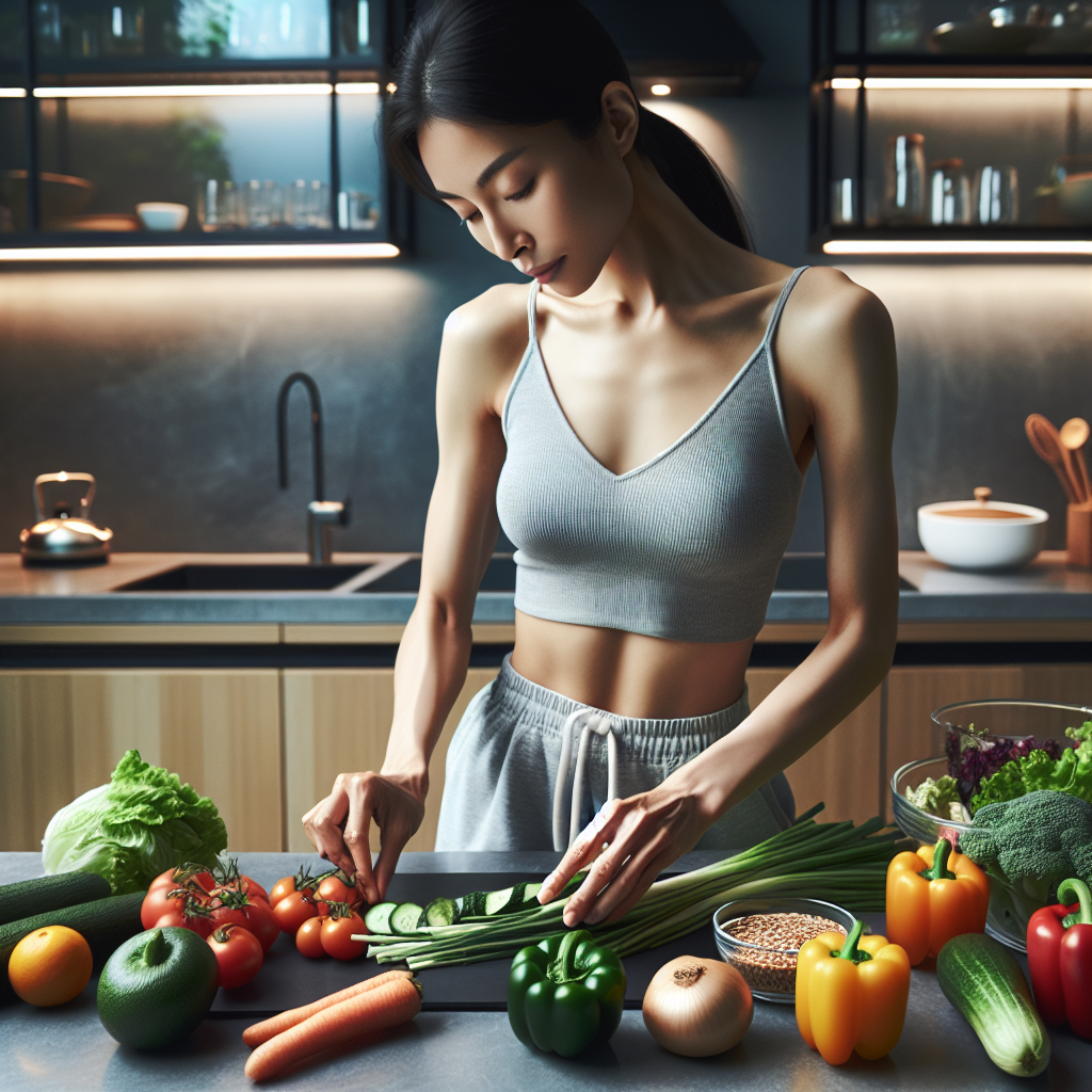 A person (gender-neutral) preparing a vibrant, healthy meal in a clean, modern kitchen, featuring fresh vegetables, fruits, and whole grains. The atmosphere is positive and focused on wellness, symbolizing effective tips for losing belly fat through nutrition and a balanced lifestyle.