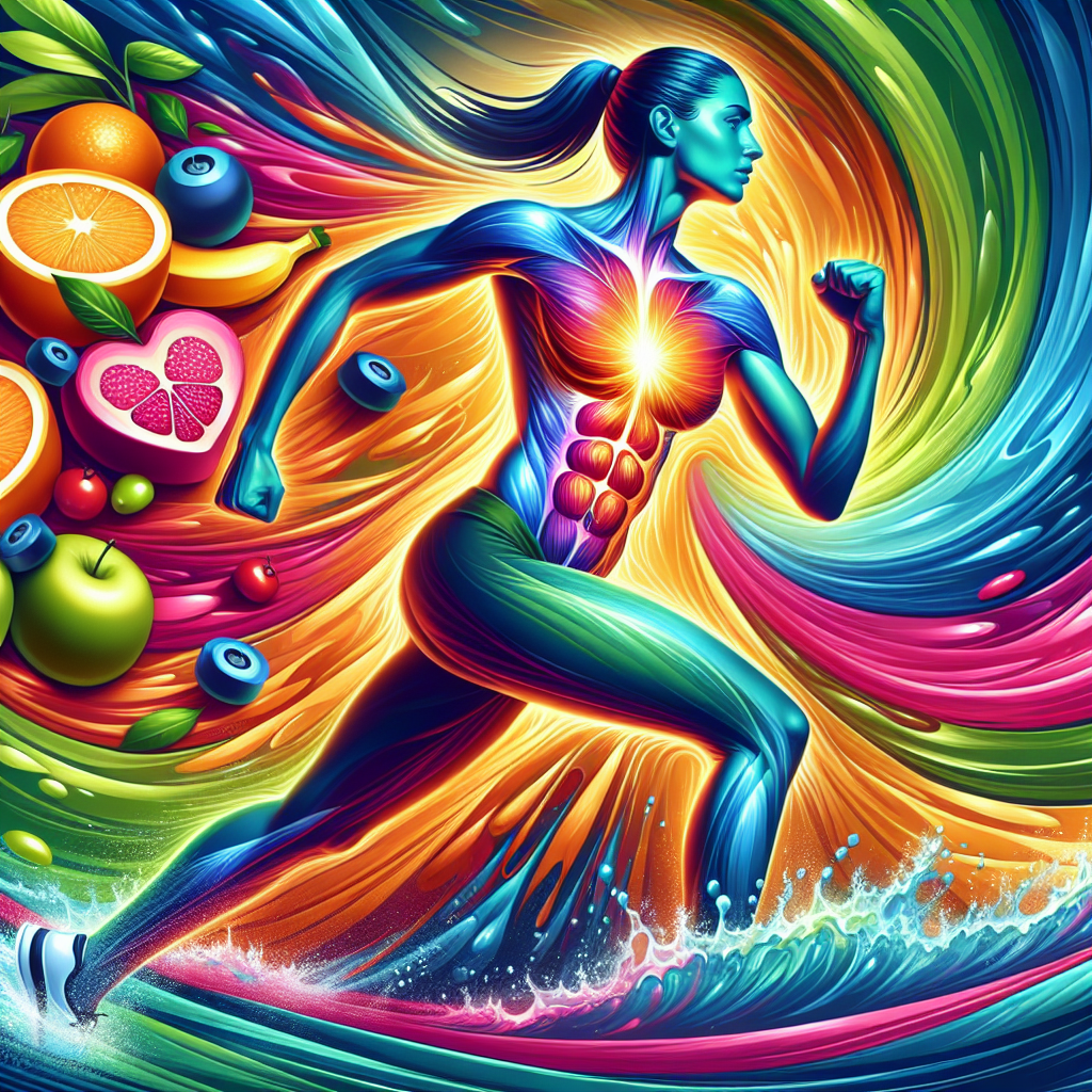 A vibrant, stylized illustration of a healthy, energetic person in motion, with a glowing, dynamic core in their torso, symbolizing an active and boosted metabolism. Surrounding the person are abstract elements representing healthy lifestyle choices: flowing water, fresh fruits, and subtle outlines of strength training or movement. The colors are bright and inspiring, conveying vitality, well-being, and the natural stimulation of internal body processes. Modern digital art style.