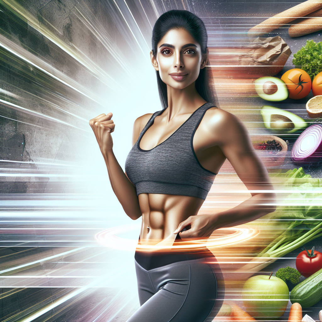 A person, full of energy and confidence, demonstrating a flat and toned stomach, with dynamic visual cues in the background representing a quick and effective journey to fitness. These cues could subtly include healthy food elements (fresh produce) and various forms of exercise (running, weights). The overall impression should be one of rapid, successful transformation and well-being, in a bright, modern, and inspiring photographic style.