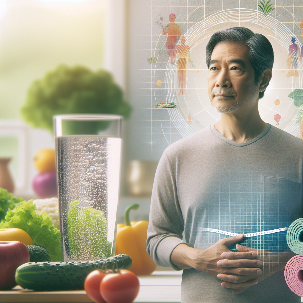 A person, visibly focusing on their lower abdomen, with a determined yet hopeful expression. In the background, subtle elements like fresh vegetables, a glass of water, and a yoga mat, suggesting a healthy lifestyle. The overall image should convey progress and effective weight loss strategies for the lower belly. Realistic, encouraging atmosphere.