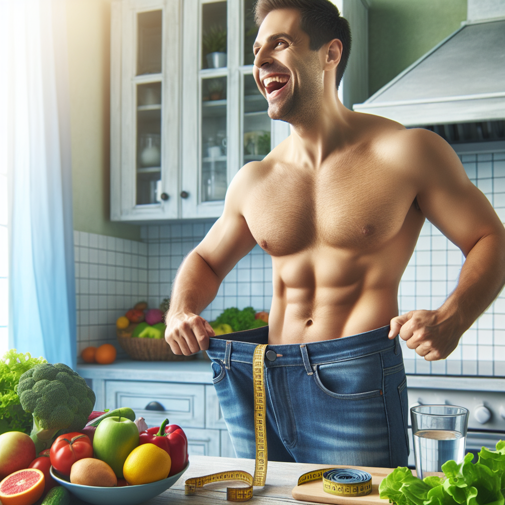 A person with a visibly flatter stomach, happily untying a belt that is now too loose around their waist. In the background, a vibrant, clean kitchen counter displays a colorful array of fresh vegetables, fruits, and a glass of water, subtly suggesting healthy eating habits. The overall mood is optimistic and empowering, with bright, natural lighting. Focus on a realistic and healthy body shape, not overly thin.