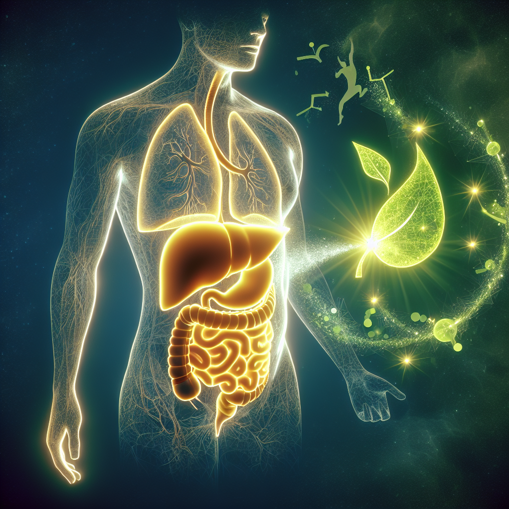 A conceptual illustration representing the internal human torso with simplified, glowing outlines of organs (like liver, intestines). A soft, diffuse, slightly yellow-orange cloud, symbolizing visceral fat, is visibly shrinking or dissipating. This reduction is being facilitated by vibrant, healthy green light and energy emanating from subtle, stylized symbols of a healthy lifestyle: a green leaf, a drop of water, and a dynamic figure exercising in the background. The overall aesthetic is clean, modern, and inspiring, with soft, encouraging lighting. Digital painting.