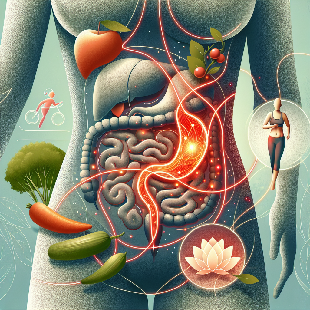 An abstract yet clear illustration of the human abdominal area. Inside, around the vital organs, there is a subtle, ominous glow of red or orange representing visceral fat. Surrounding this, symbolic elements of a healthy lifestyle are subtly integrated: fresh green vegetables, a small running figure, and a tranquil lotus flower for stress reduction. The overall style is clean, modern, and informative, with a focus on health and wellness. Minimalist background.