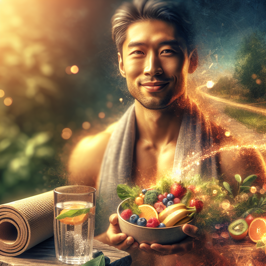 A person radiating health and confidence, gently smiling while holding a bowl of colorful, fresh fruit and a glass of water. In the soft-focus background, elements of a light, active lifestyle like a yoga mat or a serene park path are subtly visible. The overall mood is positive, empowering, and signifies sustainable, healthy habits for effective belly fat loss. Realistic digital art with natural, bright lighting.