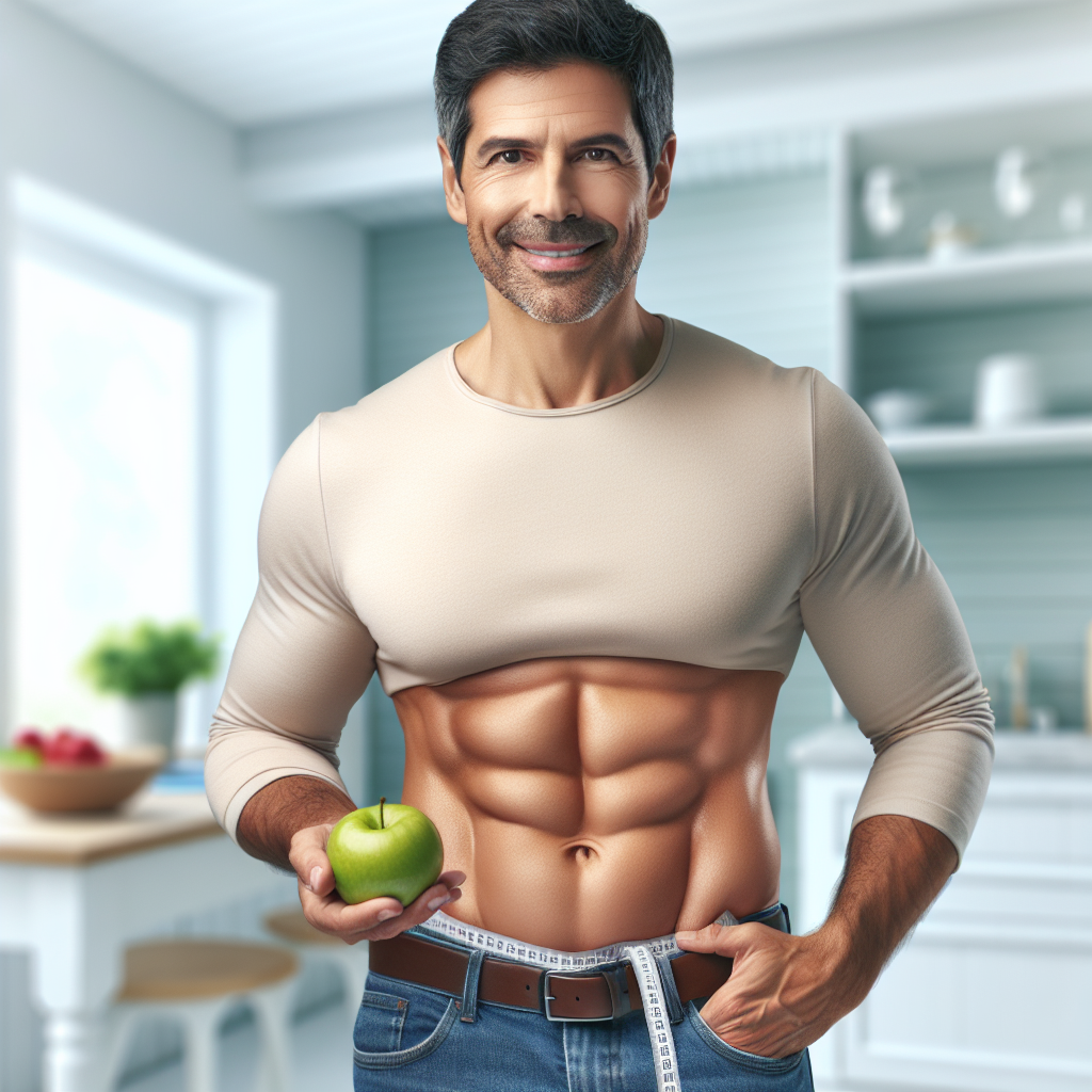 A determined and healthy middle-aged man, with a noticeably flatter stomach, subtly smiling and radiating confidence and well-being. He is holding a healthy smoothie or an apple. The background shows a bright, modern kitchen or a clean, inviting fitness studio, hinting at a healthy lifestyle. Realistic photo, aspirational and encouraging tone, focusing on the positive transformation of losing belly fat.