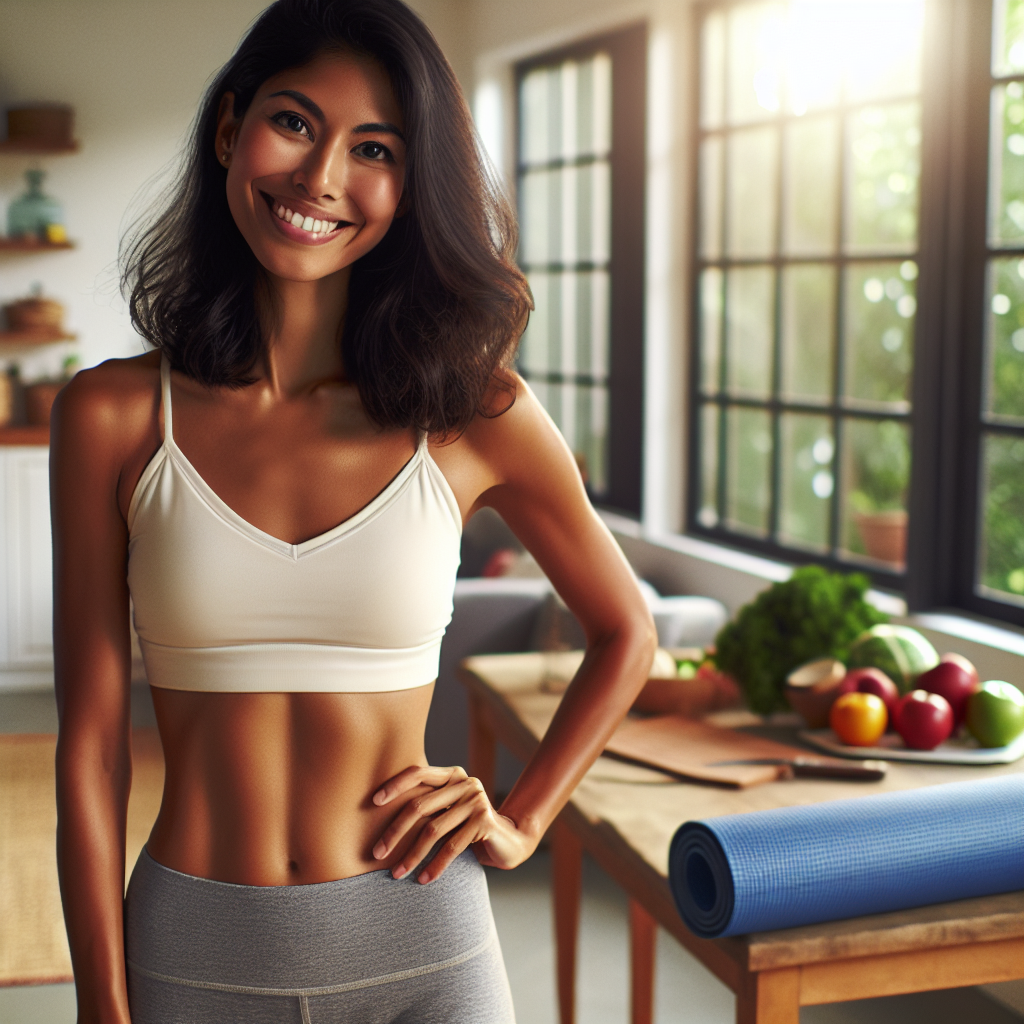 A person with a healthy, toned midsection, looking confident and happy in comfortable athletic wear. In the background, elements subtly suggest a balanced, healthy lifestyle, such as fresh, colorful fruits and vegetables on a kitchen counter, or a yoga mat in a sunlit room. The image should convey wellness, achievement, and a positive body image. Soft, natural lighting. Photography style.