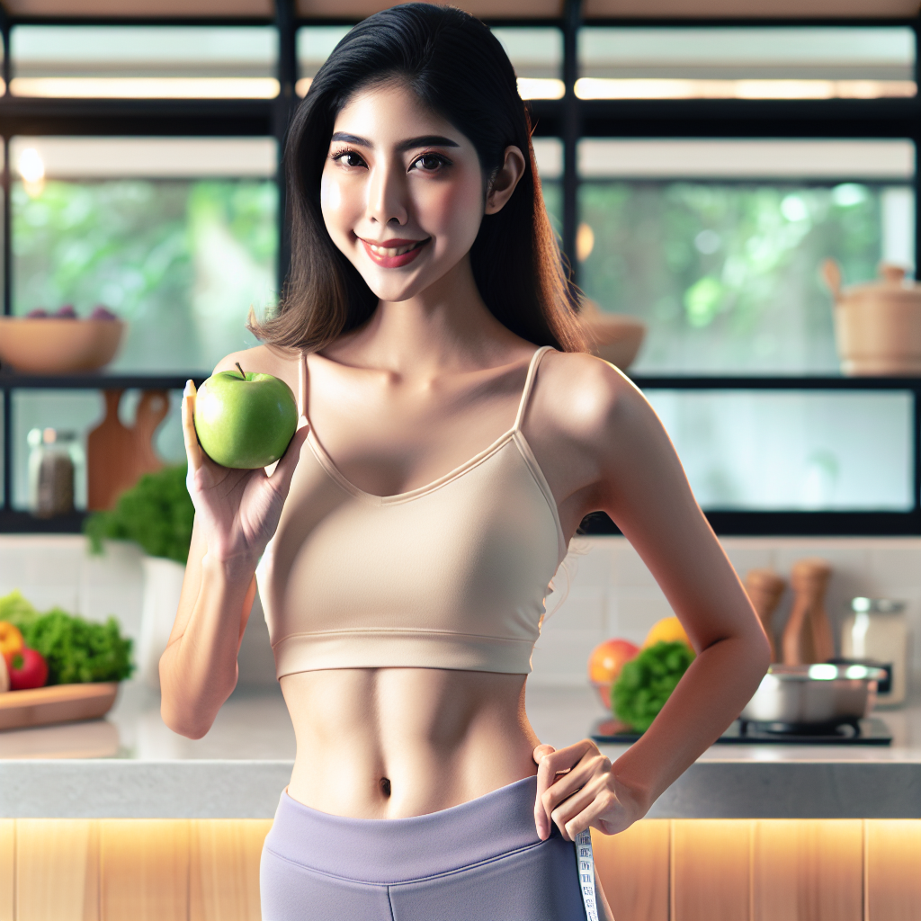 A person with a noticeably flatter stomach, looking healthy and confident, smiling gently while holding a fresh green apple. The background features a bright, clean kitchen counter with various healthy foods like vegetables and fruits, conveying a sense of well-being and a balanced diet. Soft, natural lighting creates an encouraging and positive atmosphere.