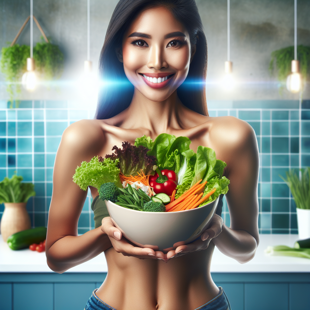 A radiant, healthy person, smiling with confidence, showing a toned midsection. They are holding a colorful bowl brimming with fresh, healthy ingredients like leafy greens, vibrant vegetables, and lean protein. The setting is bright and clean, possibly a modern kitchen or a bright outdoor space, emphasizing wellness and mindful eating. The overall feeling is one of achievement and positive lifestyle change.