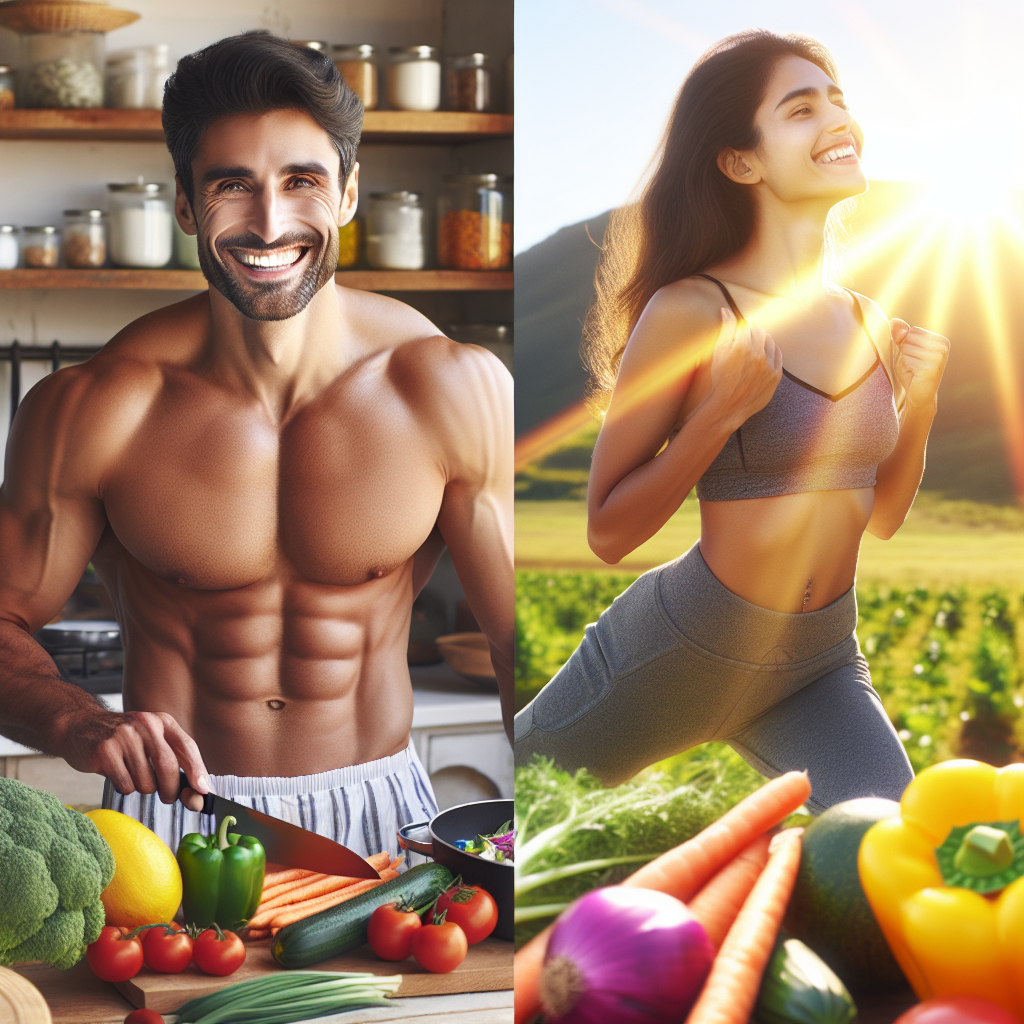 A cheerful and fit person with a visibly toned midsection, smiling confidently in a bright, positive setting. They are engaged in a healthy lifestyle activity, such as preparing a vibrant meal with fresh vegetables or performing a gentle, energizing stretch outdoors. The image conveys a sense of well-being, vitality, and successful healthy living, with an inspiring and encouraging atmosphere.