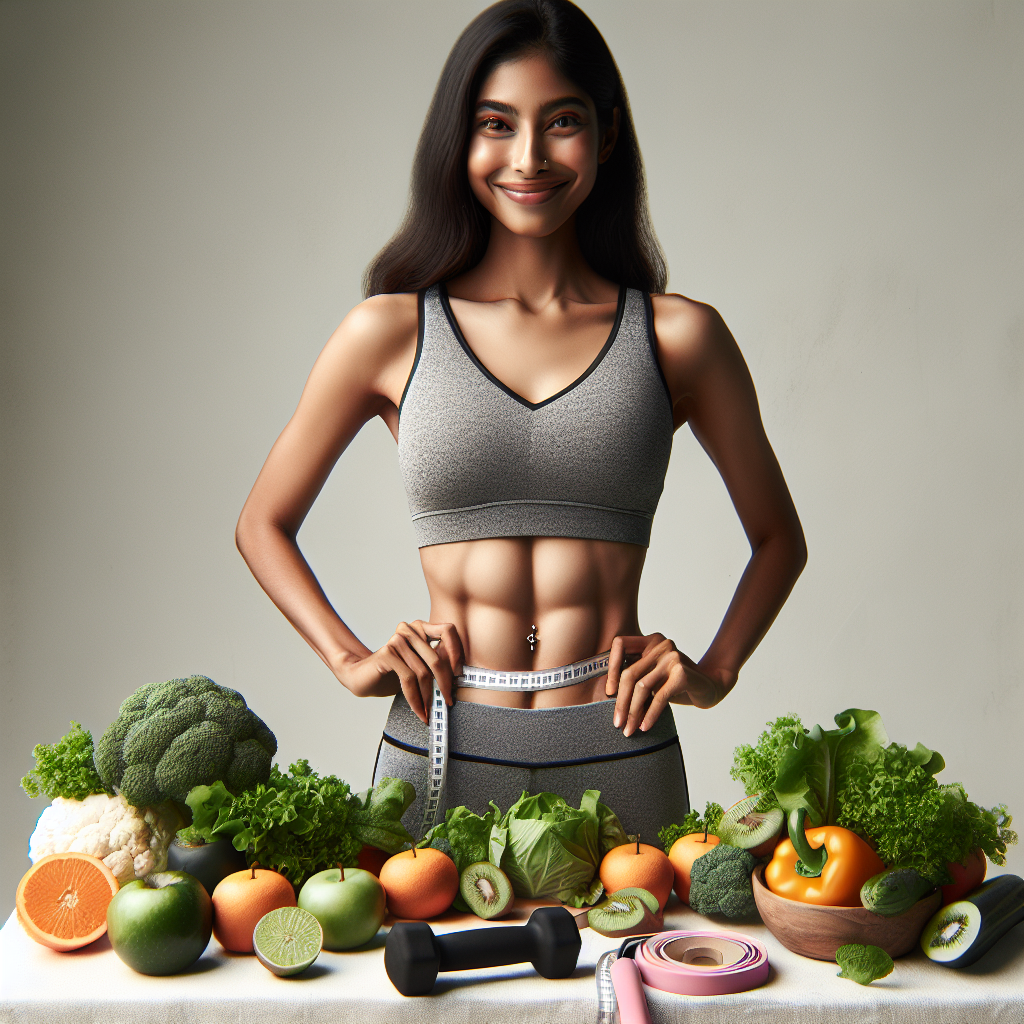 A person with a visibly flatter stomach, looking happy and confident, surrounded by a vibrant, artful arrangement of fresh fruits, vegetables, and light fitness elements like a small dumbbell or a resistance band. The scene should evoke health, well-being, and a balanced lifestyle with soft, natural lighting and a clean aesthetic. Studio quality, focus on positive transformation.