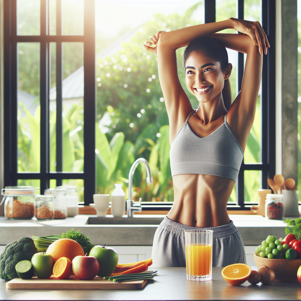 A fit and healthy person, with a visibly flatter stomach, smiling confidently while engaging in a light, graceful morning stretch in a bright, modern living space. Healthy food like fresh fruits, vegetables, and a glass of water are subtly visible on a nearby counter or table, symbolizing a balanced lifestyle. The overall mood is positive, aspirational, and conveys well-being. Realistic, high-quality photograph with soft, natural lighting.