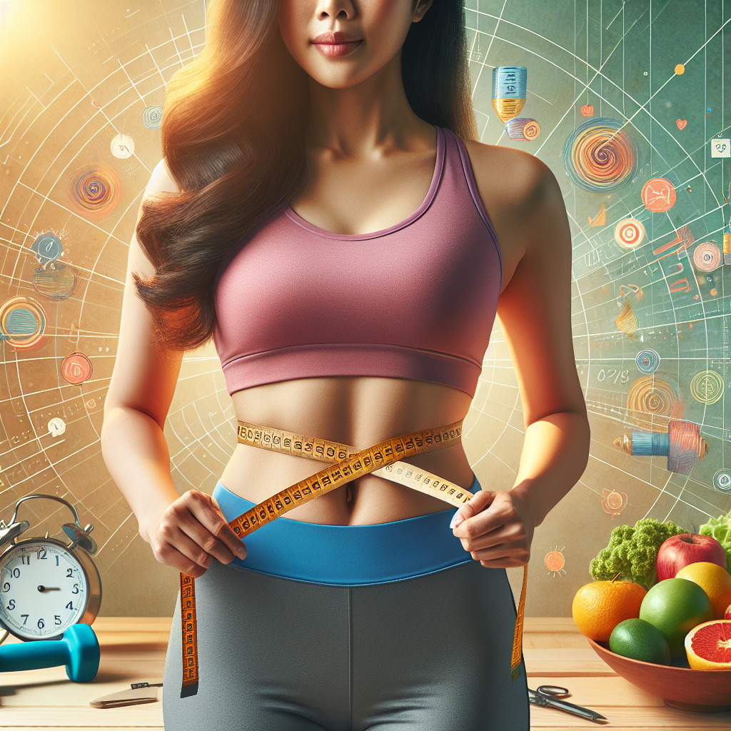 A person, mid-body shot, showing a noticeably trimmer waistline, confidently holding a measuring tape that indicates a smaller number, symbolizing progress in losing belly fat. In the background, a soft, subtle representation of a calendar or clock face highlights the element of time. Healthy lifestyle elements like a vibrant fruit bowl and exercise weights are subtly integrated into the scene. The overall style is realistic and inspiring, with warm, natural lighting.