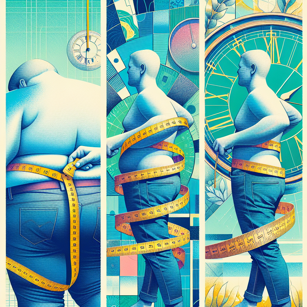 A vibrant, illustrative image showing a progression from left to right. On the left, a slightly overweight person's torso (from waist to mid-thigh, no head) with a measuring tape stretched around it. As the image moves to the right, the torso gradually becomes leaner, and the measuring tape is visibly tighter, indicating fat loss. A subtle clock face or calendar pages are integrated into the background, hinting at the passage of time. The overall style is clean, modern, and encouraging, with a color palette of blues, greens, and soft yellows. Focus on the journey and positive transformation.