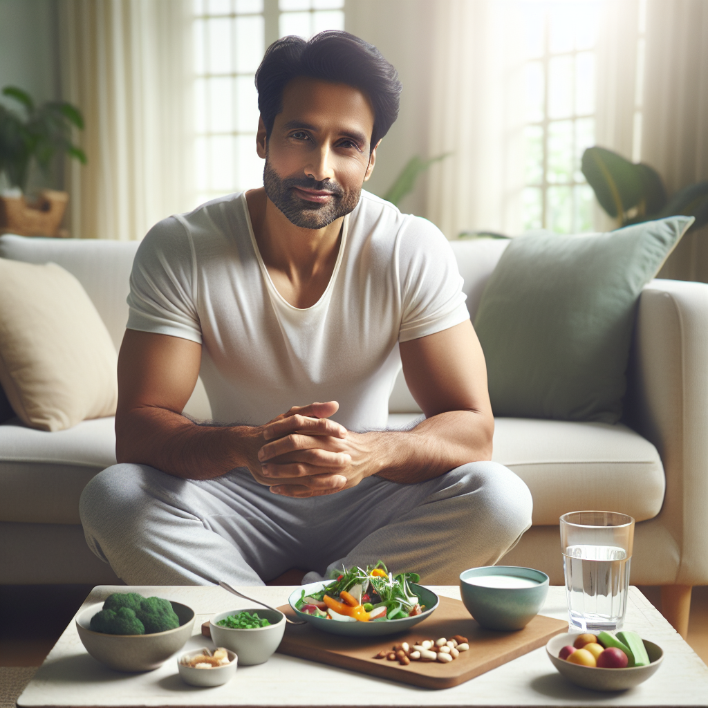 A person with a relaxed, content expression, sitting comfortably in a bright, inviting home setting, without any visible exercise equipment. On a small table or in their hand, there's a plate of simple, fresh, healthy food (e.g., a colorful salad with lean protein, fruits, and a glass of water), emphasizing a focus on diet for weight loss rather than physical activity. The atmosphere is calm and peaceful, suggesting an effortless approach to health. Realistic style with soft, natural lighting.