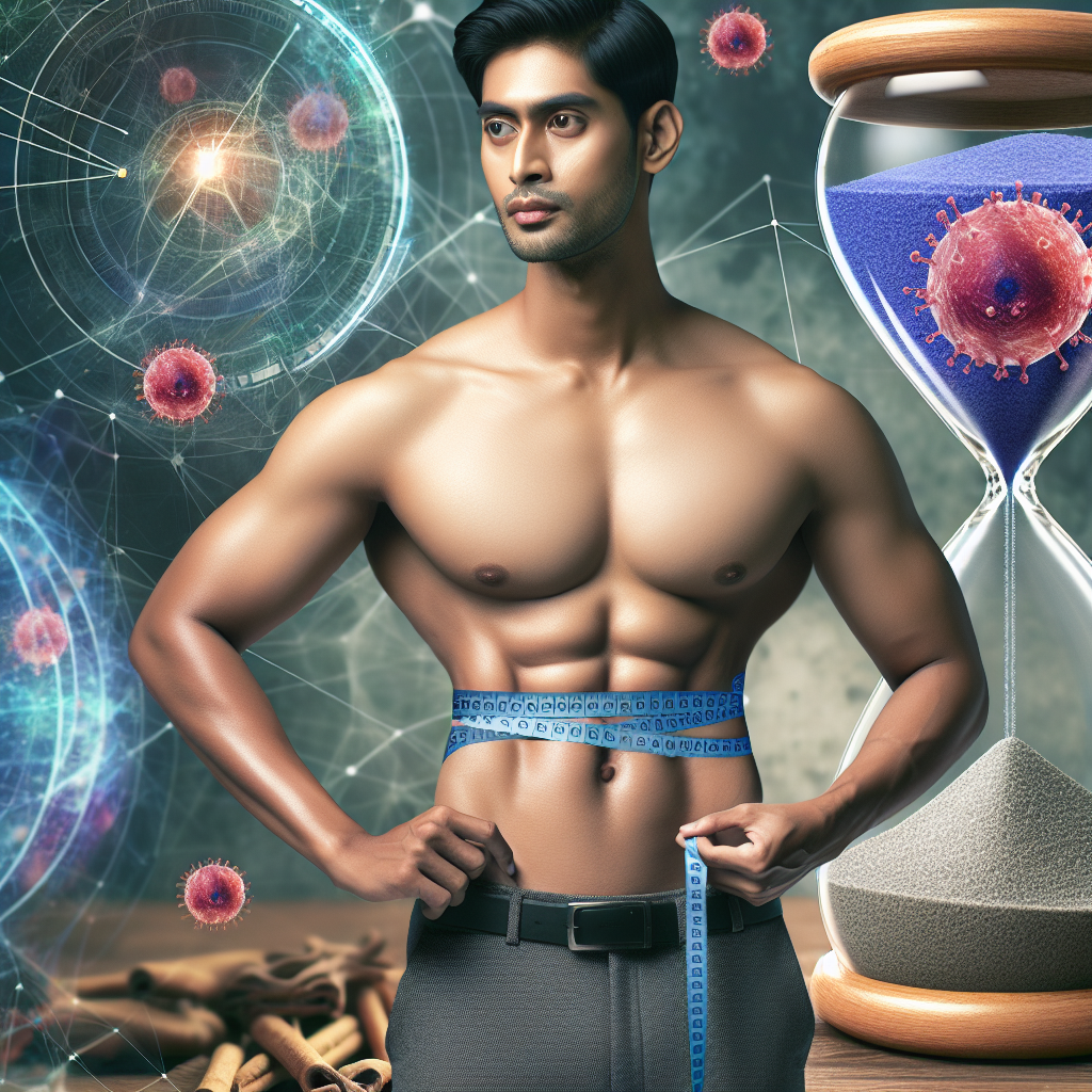 A person with a visibly flatter stomach, confidently holding a measuring tape and looking at an hourglass. The background subtly illustrates a scientific diagram of fat cells shrinking or being metabolized. The overall mood is positive, emphasizing health, transformation, and the passage of time. Style: realistic, professional photography, focus on wellness and progress.