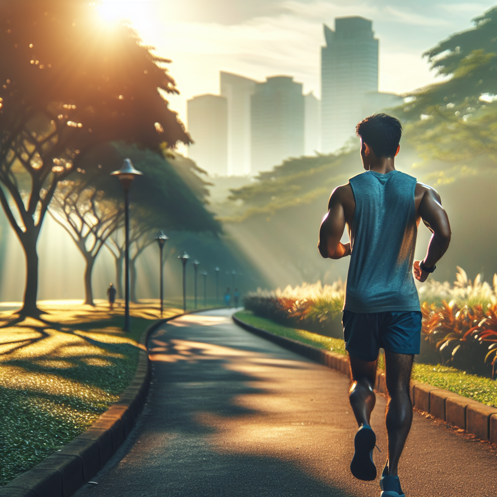 A determined person, with a healthy and fit physique, jogging through a scenic park path bathed in warm morning sunlight. The focus is on active lifestyle, endurance, and the journey towards fitness. The scene should convey vitality and consistent effort, with vibrant natural colors. Realistic photo style.