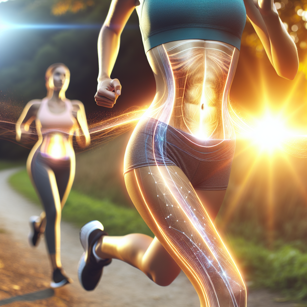 A fit person, gender-neutral, in athletic wear, joyfully running on a scenic path during golden hour. The focus is on their dynamic movement and healthy physique. Around their abdominal area, subtle, glowing visual effects depict energy expenditure and fat dissolving, creating an inspiring and positive representation of belly fat loss through exercise. The overall mood is energetic and hopeful. Realistic photo, vibrant colors.