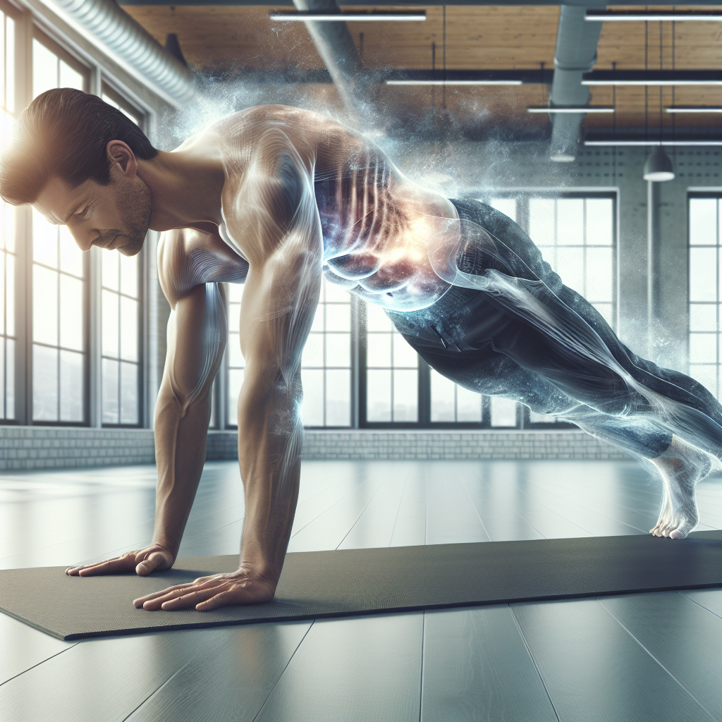 A determined, fit person, gender-neutral, maintaining a perfect, strong plank position on a yoga mat in a bright, modern fitness studio. Around their abdominal area, there's a subtle, ethereal visual effect of fat gently diminishing or toning, represented by soft, dissolving energy or light. The background is slightly blurred to keep focus on the person. The overall mood is one of discipline, progress, and core strength. Realistic, high-quality photograph.